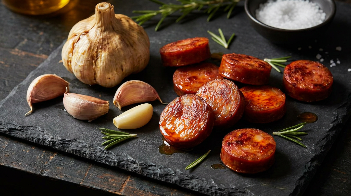 Garlic and crisp chorizo coins on a dark rustic surface
