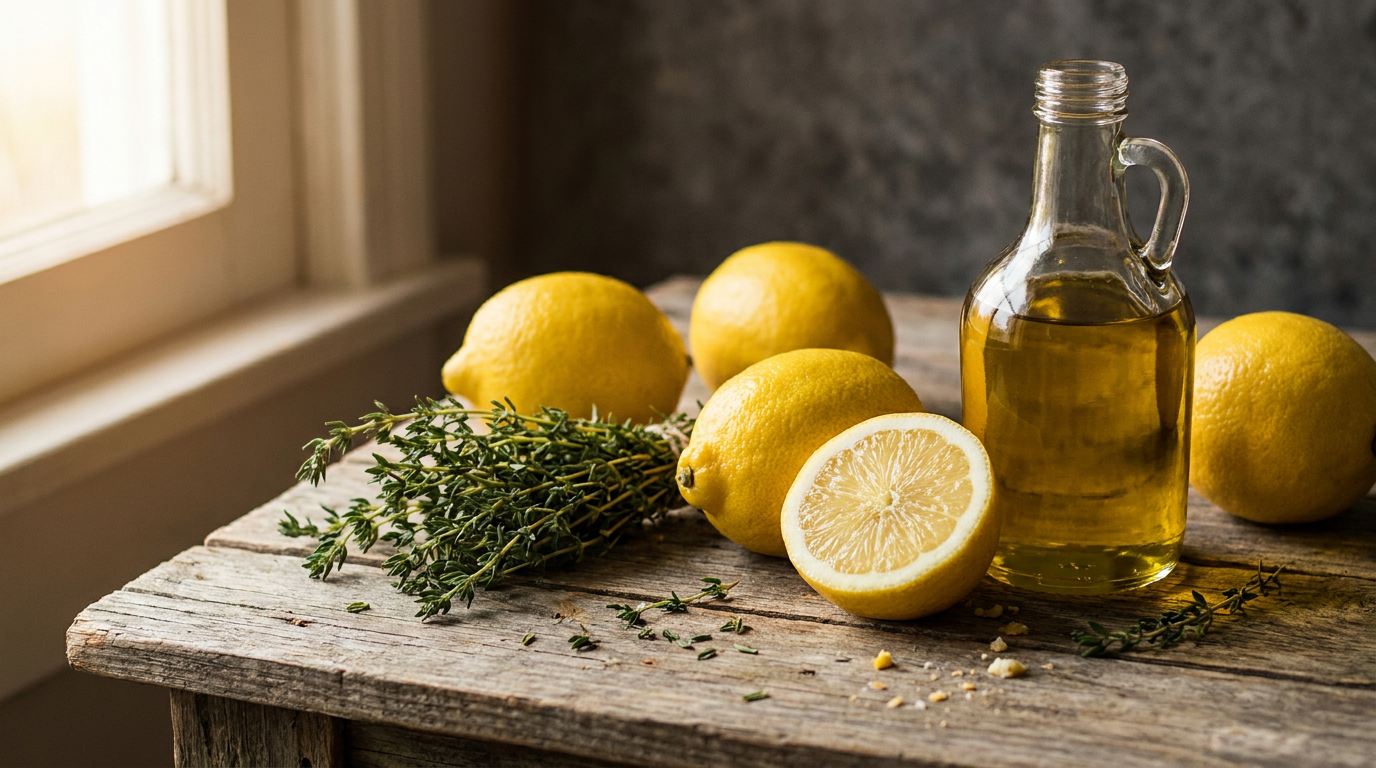 Lemons, thyme, and olive oil on a rustic wooden table